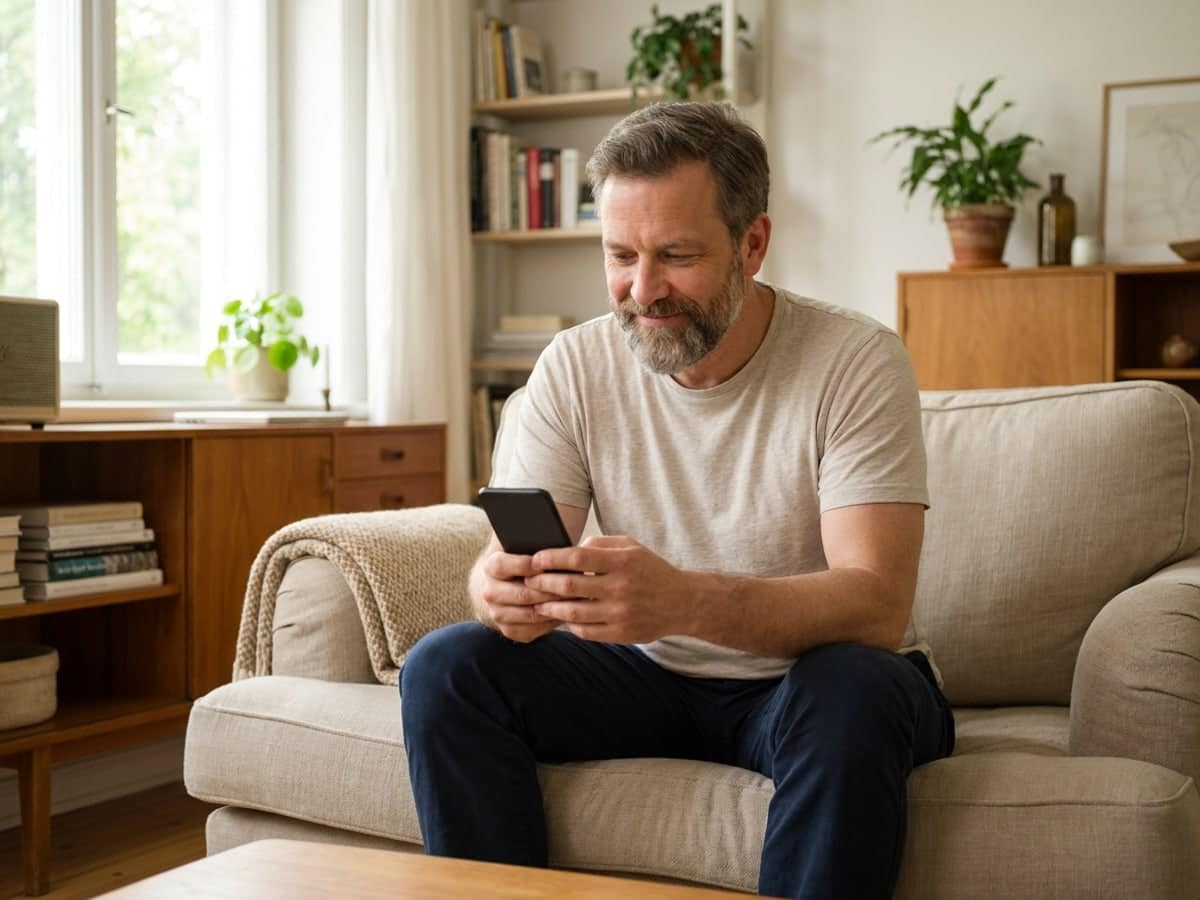 Une personne consulte ses options de financement sur son téléphone dans son salon.