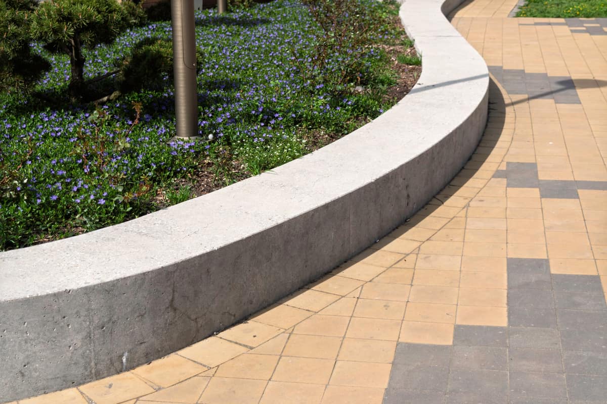 curved concrete border separates the flowerbed