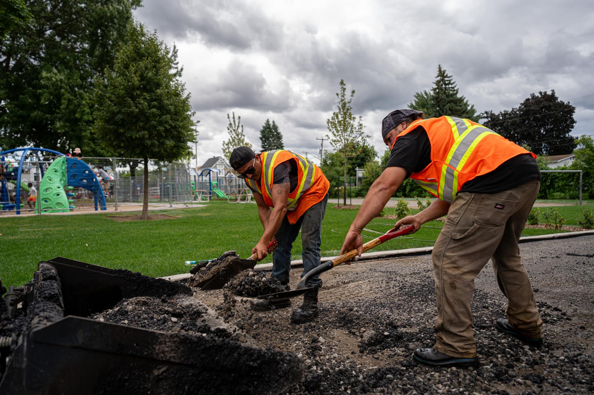 Groupe A1 crew repairing a damaged asphalt area